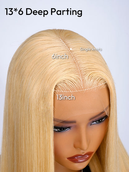 Honey Blonde 50 Inch Straight Long Wig 250% High Density 13x6 Undetectable HD Lace Human Hair Wig