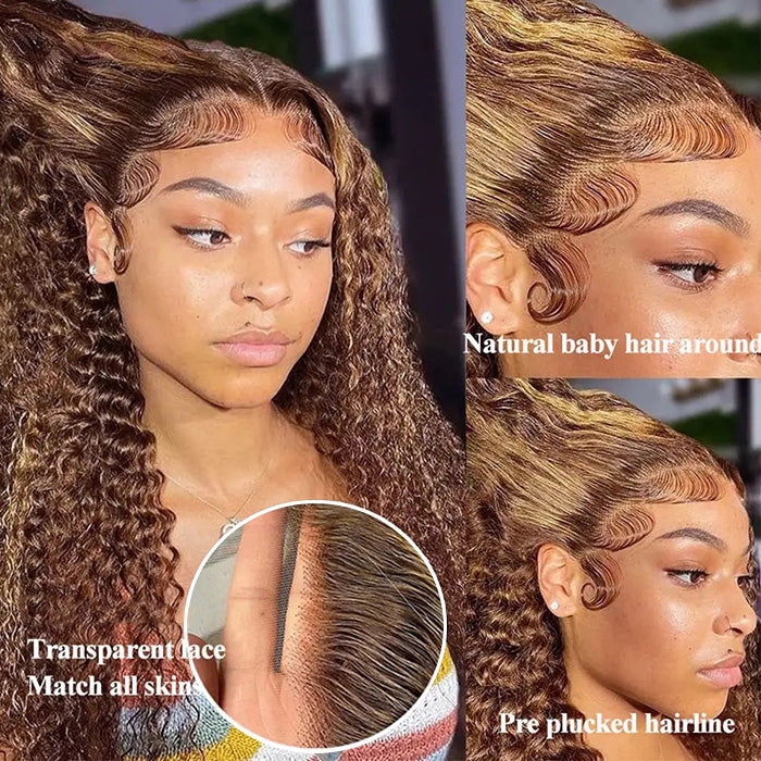 Highlighted Deep Wave Wig #4/27 Ombre Colored Wig Brown Wig With Blonde Highlighted Lace Front Human Hair Wigs