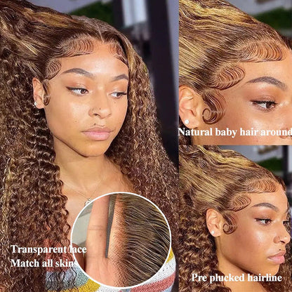 Highlighted Deep Wave Wig #4/27 Ombre Colored Wig Brown Wig With Blonde Highlighted Lace Front Human Hair Wigs