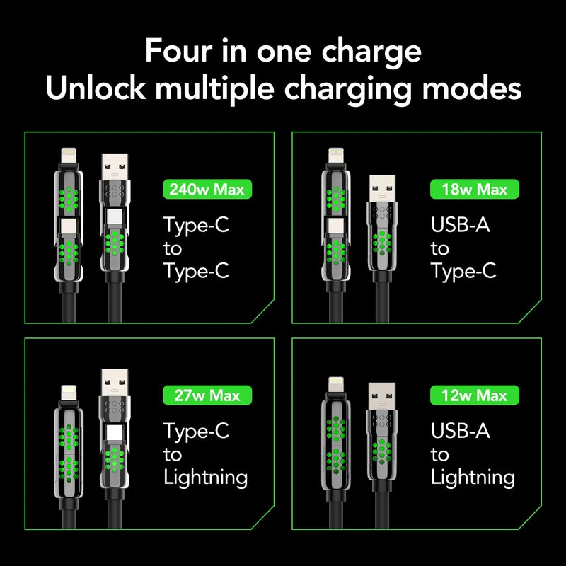 ⚡🔋mfish Armored Dragon 8 Coiled Cable (4-in-1, 240W) - Tangle-Free for Car & Desk