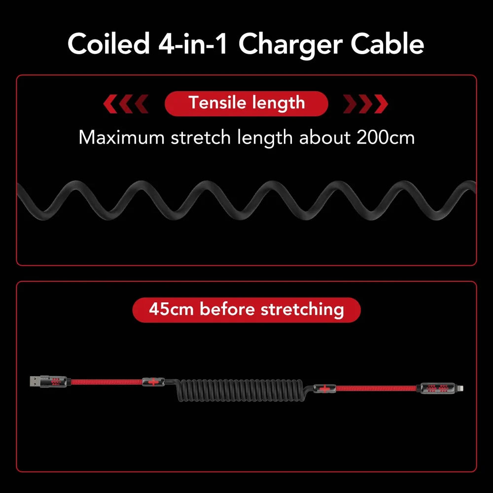 ⚡🔋mfish Armored Dragon 8 Coiled Cable (4-in-1, 240W) - Tangle-Free for Car & Desk