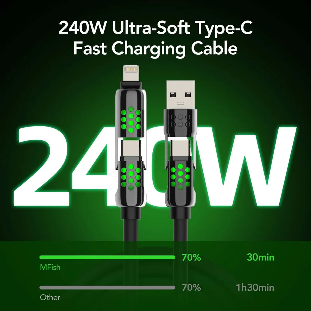 ⚡🔋mfish Armored Dragon 8 Coiled Cable (4-in-1, 240W) - Tangle-Free for Car & Desk