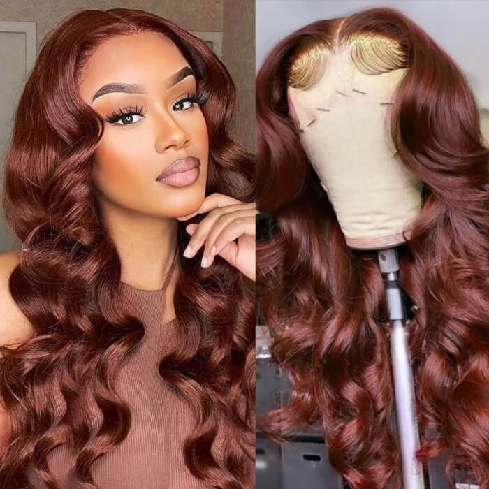 Reddish Brown Human Hair Body Wave Wigs 13X6 360 HD Lace Front Wigs Pre-Plucked Hairline