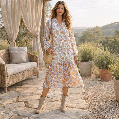 Bohemian Floral Puff Sleeve V-Neck Dress