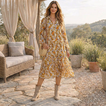 Bohemian Floral Puff Sleeve V-Neck Dress