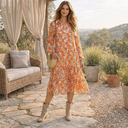 Bohemian Floral Puff Sleeve V-Neck Dress