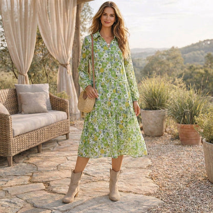 Bohemian Floral Puff Sleeve V-Neck Dress