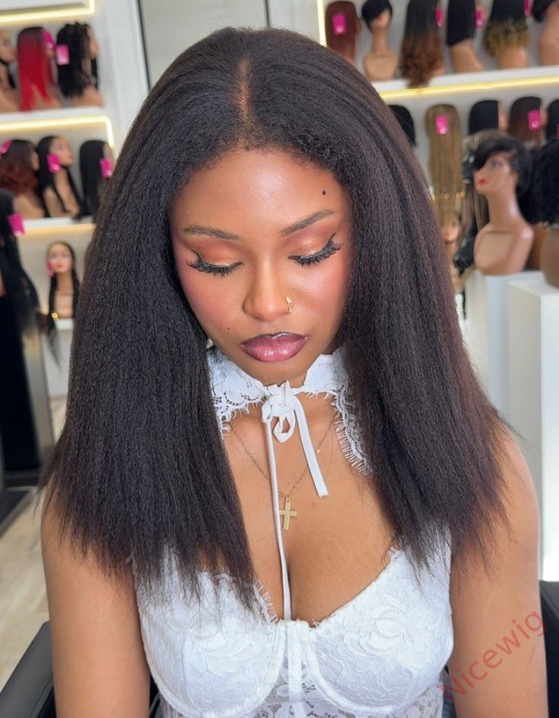 Black natural kinky hair realistic hairline Straight Long Glueless Wig