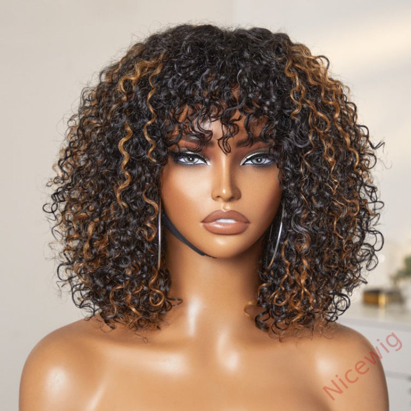 Black Brazilian Remy Curly Hair Bob Wig With Bangs Glueless Wigs