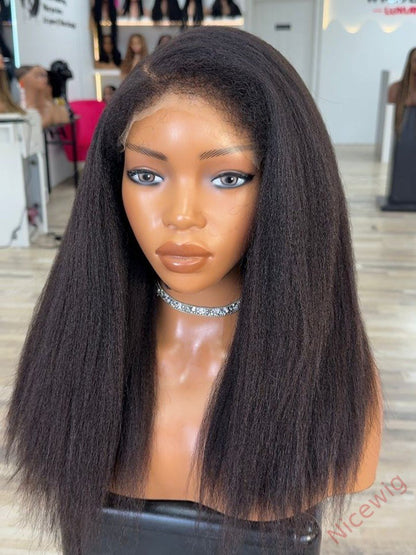 Black natural kinky hair realistic hairline Straight Long Glueless Wig