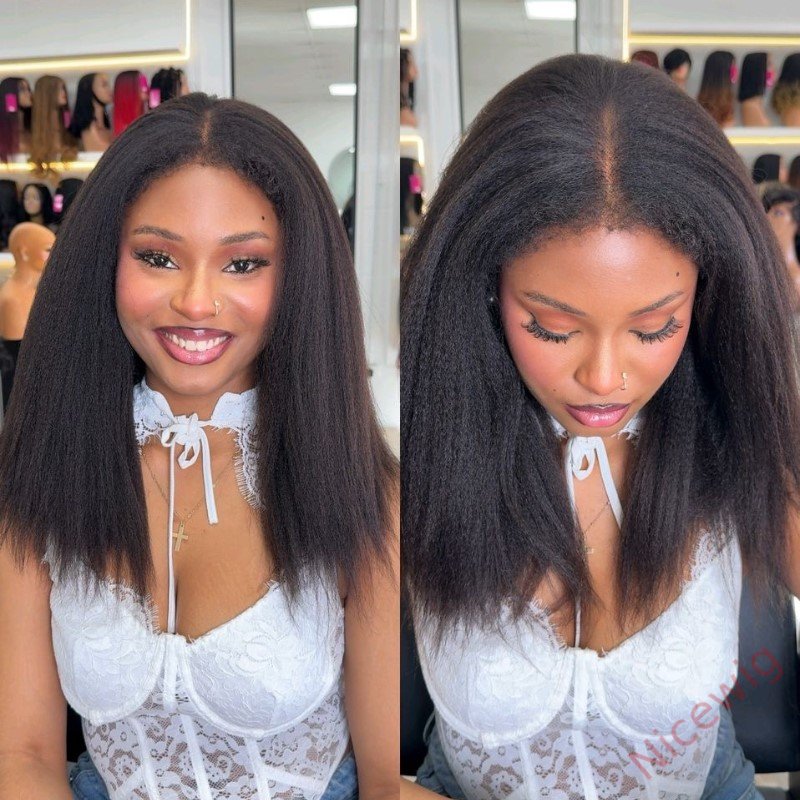 Black natural kinky hair realistic hairline Straight Long Glueless Wig