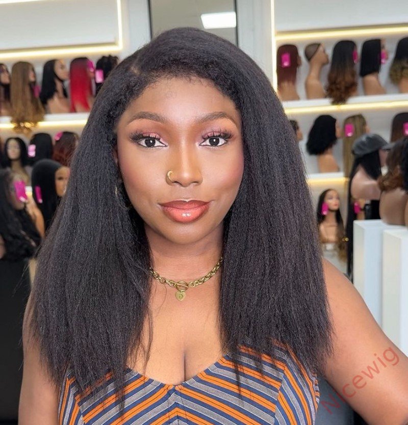 Black natural kinky hair realistic hairline Straight Long Glueless Wig