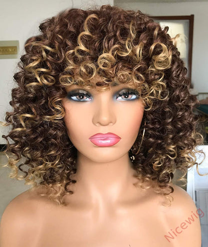 Salt and Pepper Glueless Curly Wig With Bangs