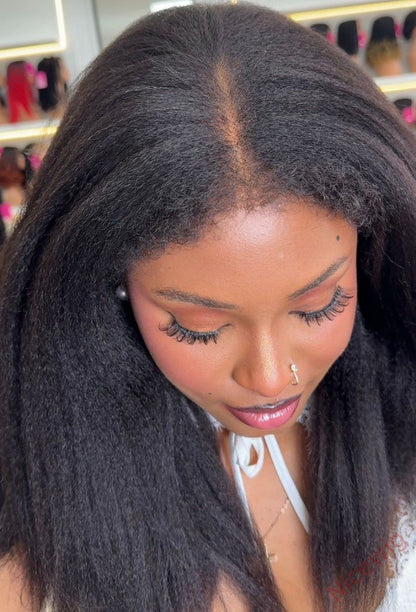 Black natural kinky hair realistic hairline Straight Long Glueless Wig