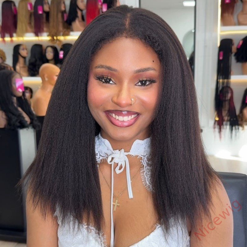Black natural kinky hair realistic hairline Straight Long Glueless Wig