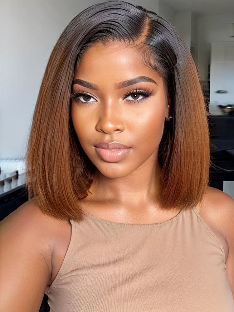 Vietnamese Hair Brown Ombre Straight Wig With Natural Black Roots Invisible 5x5 HD Lace Front Bob Wig 250% Density Voluminous Hair