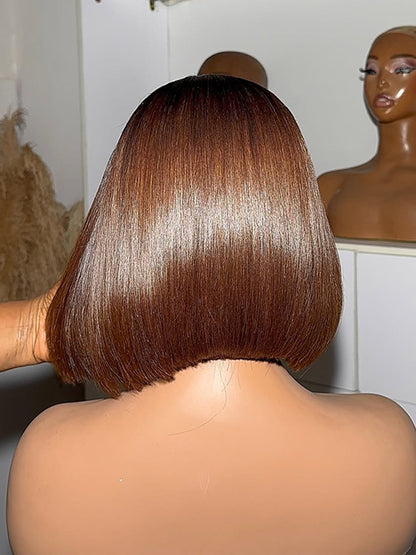 Vietnamese Hair Brown Ombre Straight Wig With Natural Black Roots Invisible 5x5 HD Lace Front Bob Wig 250% Density Voluminous Hair