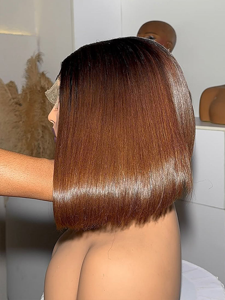 Vietnamese Hair Brown Ombre Straight Wig With Natural Black Roots Invisible 5x5 HD Lace Front Bob Wig 250% Density Voluminous Hair