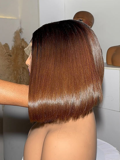 Vietnamese Hair Brown Ombre Straight Wig With Natural Black Roots Invisible 5x5 HD Lace Front Bob Wig 250% Density Voluminous Hair