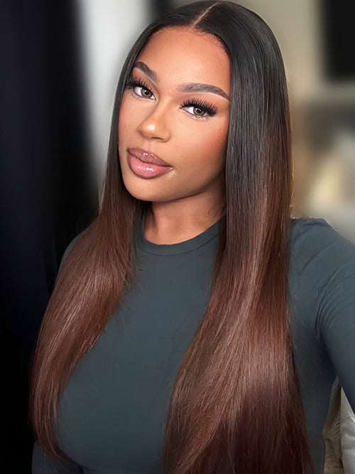 Vietnamese Hair Brown Ombre Straight Wig With Natural Black Roots Invisible 5x5 HD Lace Front Bob Wig 250% Density Voluminous Hair