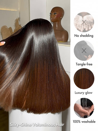 Vietnamese Hair Brown Ombre Straight Wig With Natural Black Roots Invisible 5x5 HD Lace Front Bob Wig 250% Density Voluminous Hair