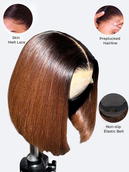 Vietnamese Hair Brown Ombre Straight Wig With Natural Black Roots Invisible 5x5 HD Lace Front Bob Wig 250% Density Voluminous Hair